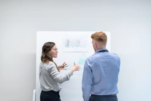 Zwei Berater besprechen am Whiteboard einen Prozessablauf und eine Pyramide in einem Workshop